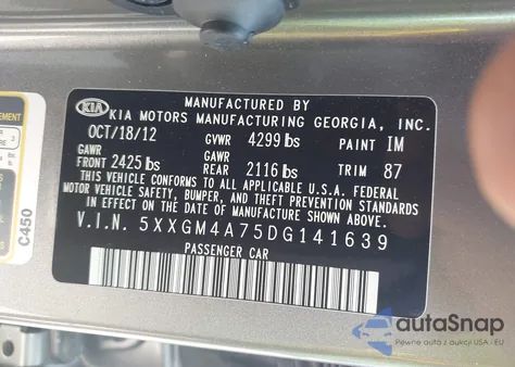 2013 Kia Optima Lx from USA, damaged, VIN 5XXGM4A75DG141639
